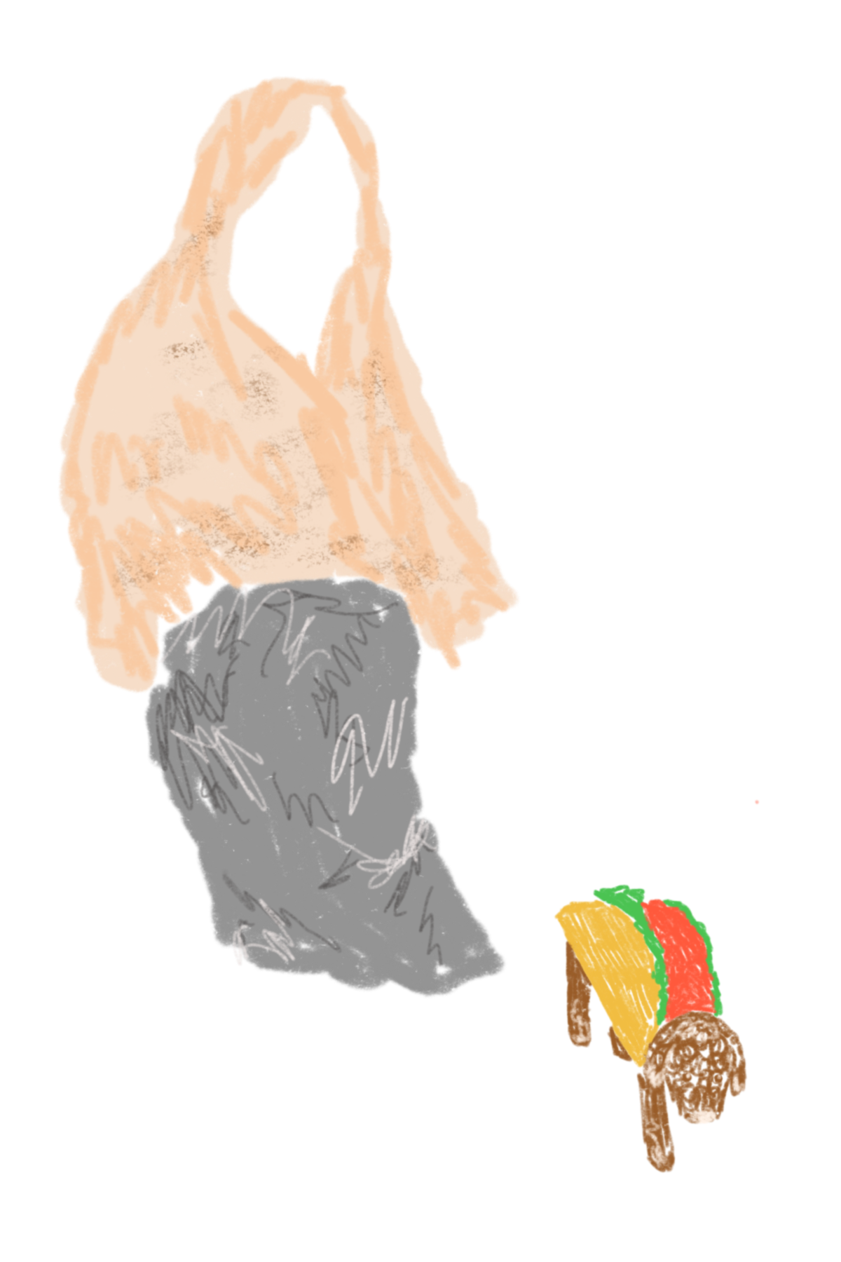 A drawing of a person wrapped in a burrito blanket and a silver blanket. Their dog was dressed as a taco.