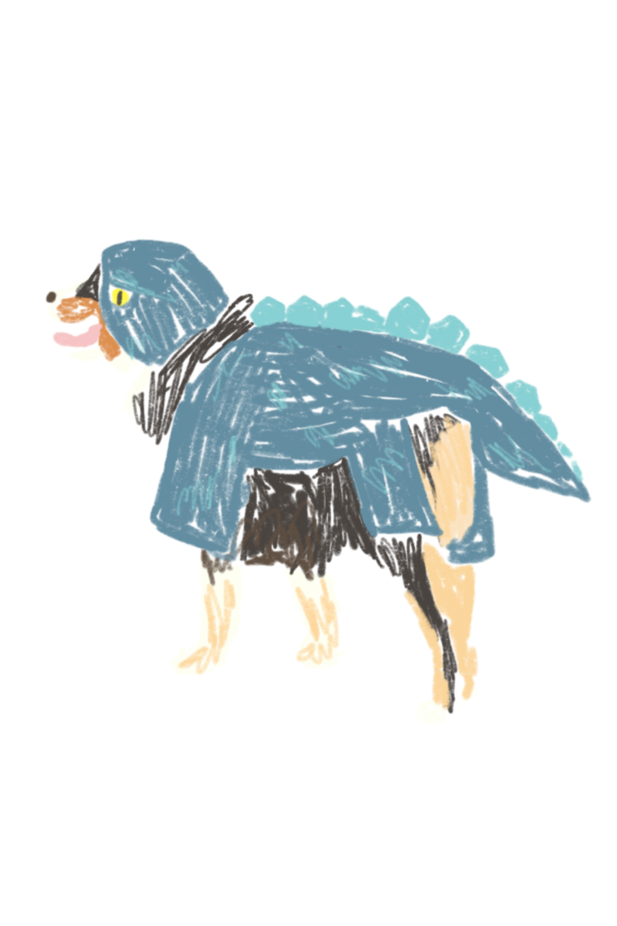 A drawing of a fluffy dog dof dressed as a dinosaur.