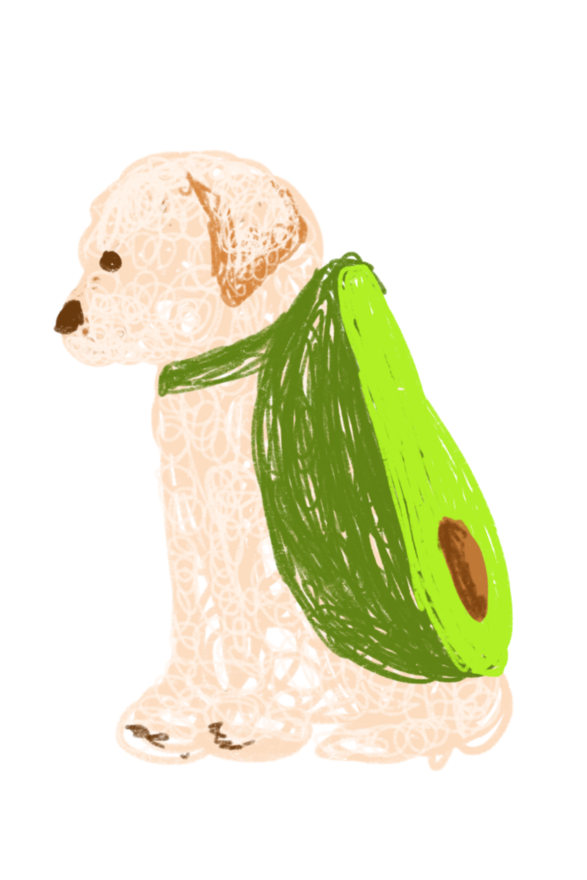 A drawing of a dog dressed as an avocado.