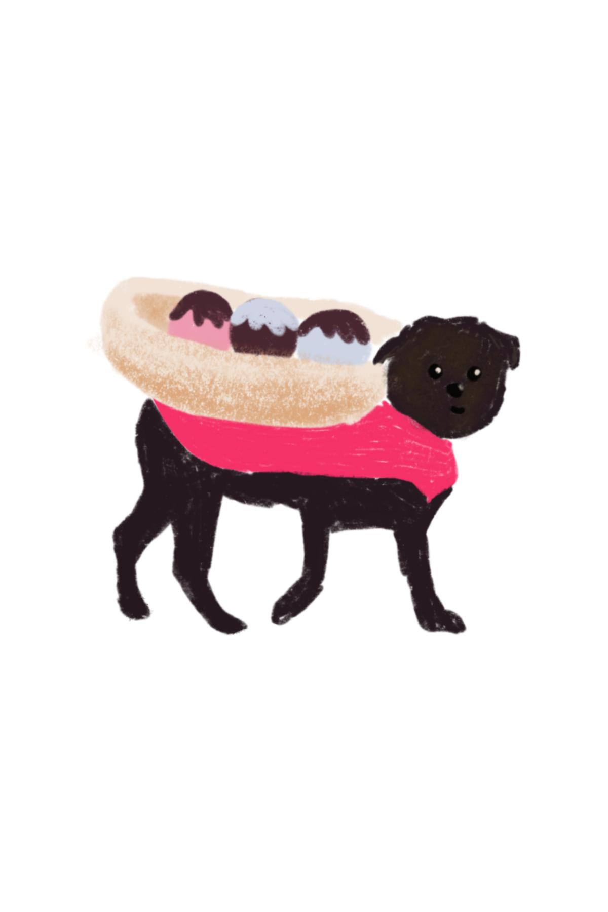 A drawing of a black pug dressed as an ice cream sundae.