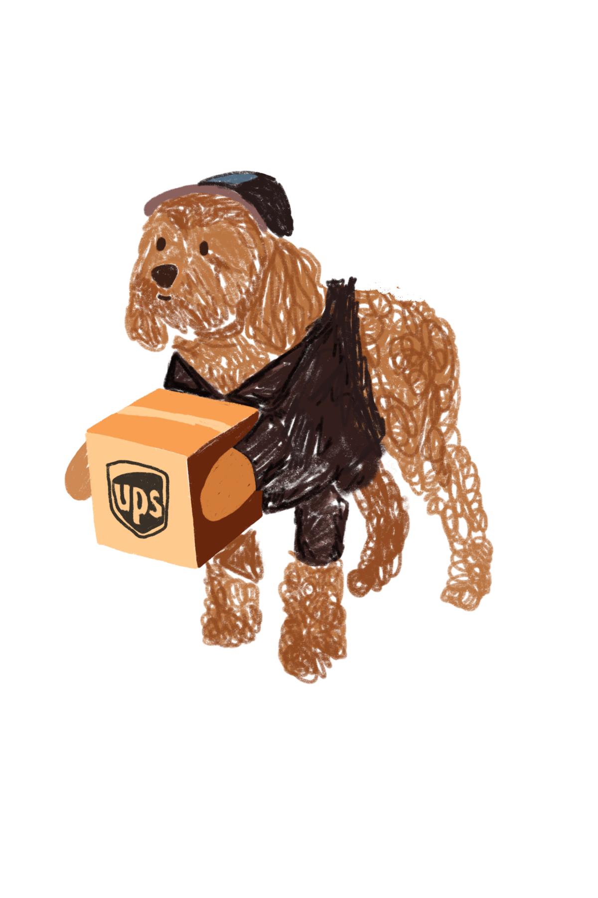 A brown poodle dressed as a UPS delivery person with fake hands and a fake package.