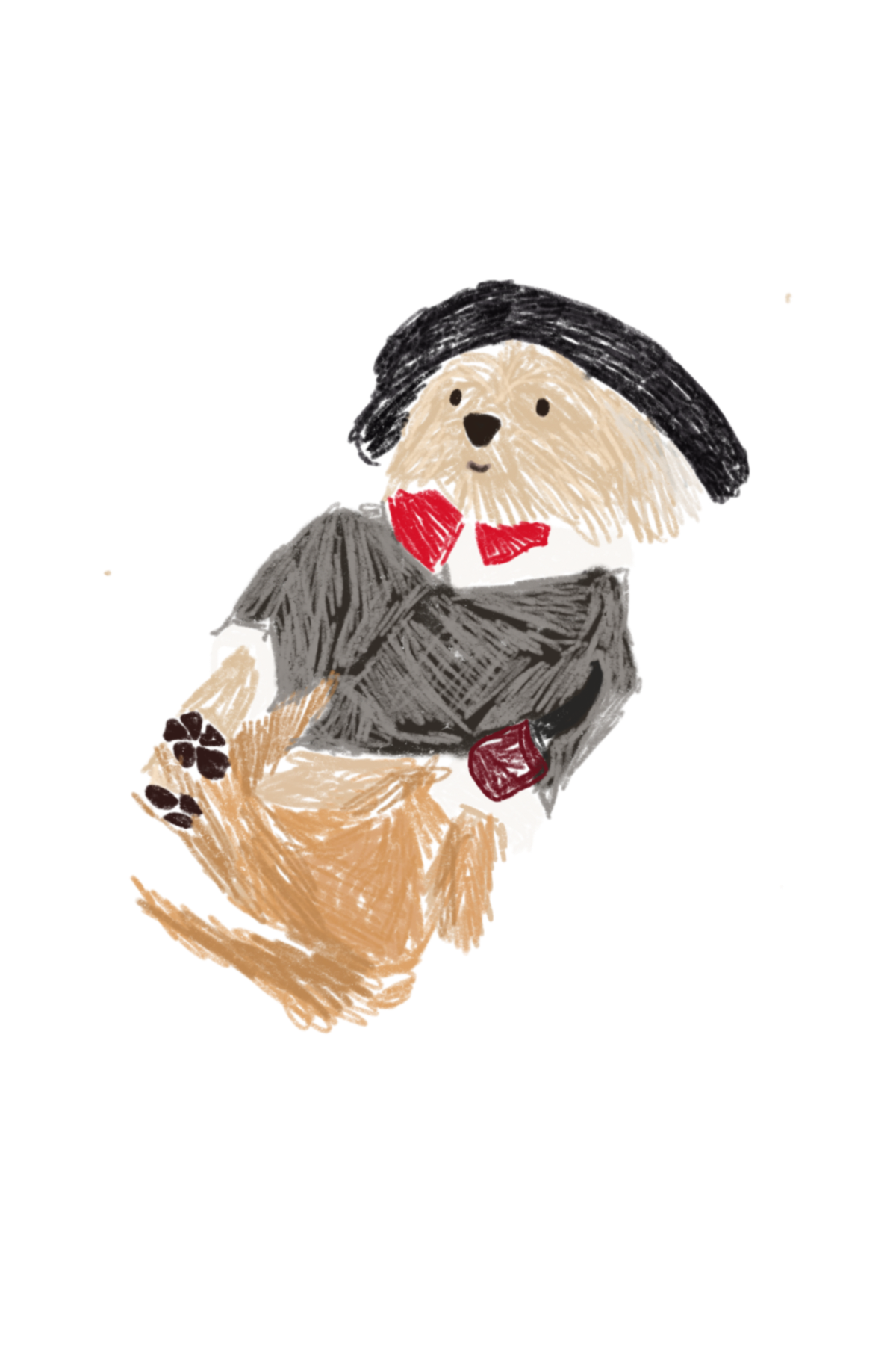 A drawing of a dog dressed as Sherlock Holmes with a camel hat, a collared shirt, a brown plaid jacket with a pipe.