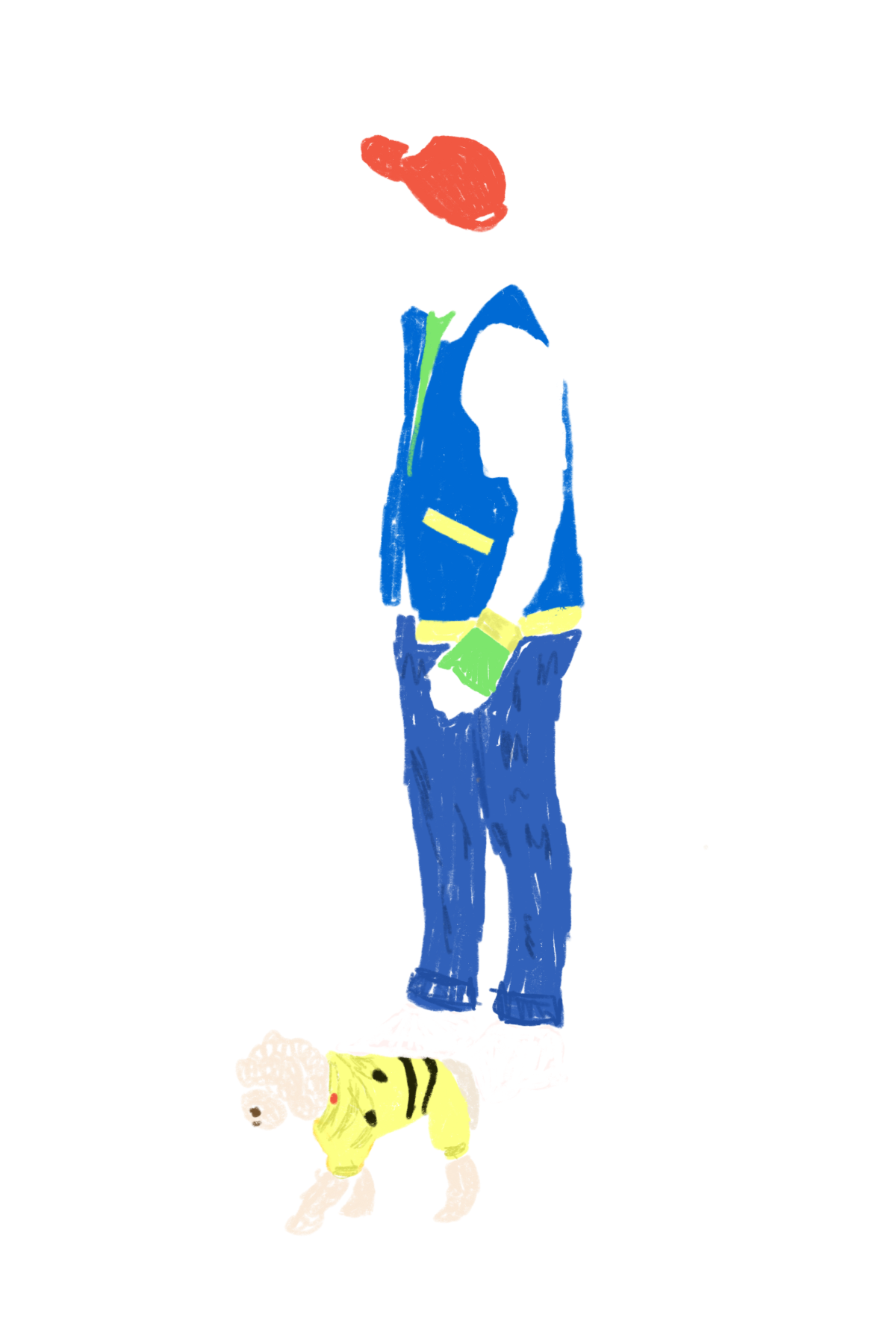 A drawing of a person dressed as a Pokemon trainer and their dog dressed as a pikachu.