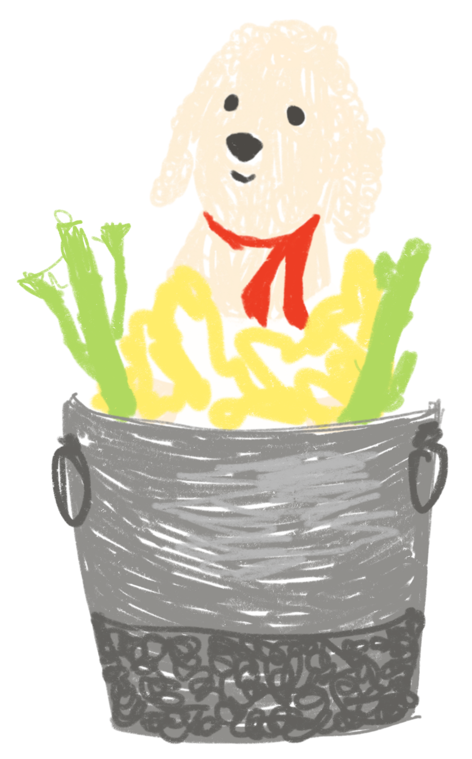 A drawing of a poodle in a silver bucket, dressed as chicken poodle soup