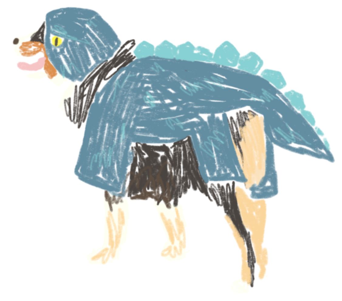 A drawing of a fluffy dog dof dressed as a dinosaur.