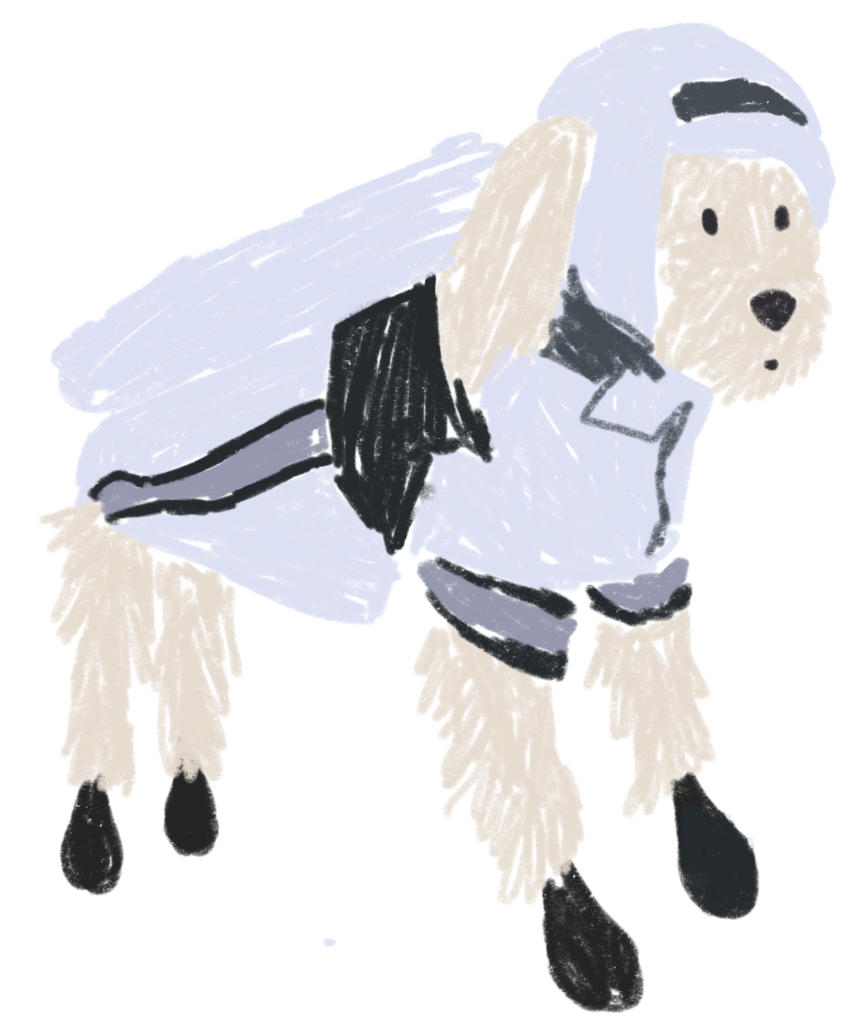 A drawing of a dog dressed as a spaceship. It's wearing black boots are all four paws.