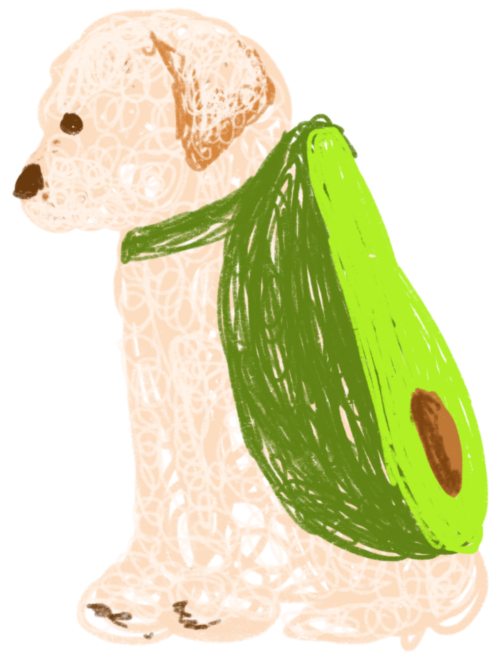 A drawing of a dog dressed as an avocado.