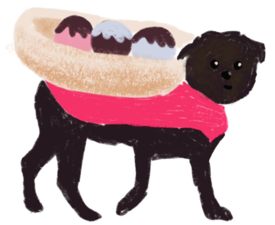 A drawing of a black pug dressed as an ice cream sundae.