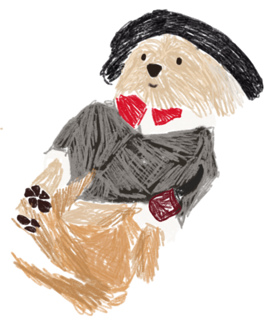 A drawing of a dog dressed as Sherlock Holmes with a camel hat, a collared shirt, a brown plaid jacket with a pipe.