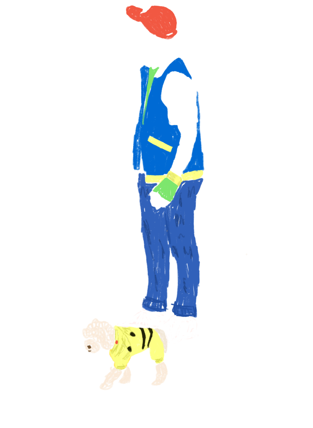 A drawing of a person dressed as a Pokemon trainer and their dog dressed as a pikachu.